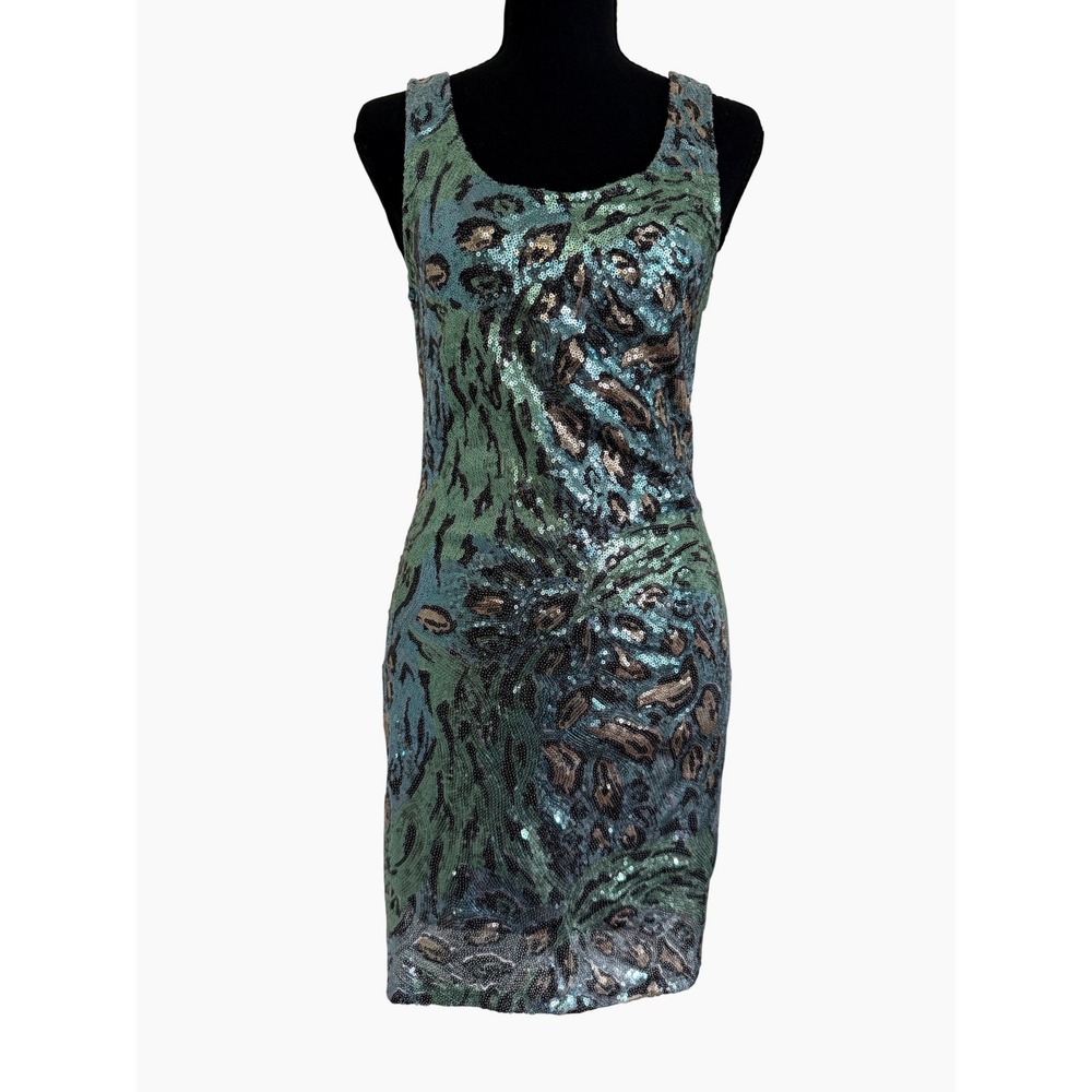 Rubber Ducky Womens Vintage Sequin Leopard Mini Bodycon Dress Size M Y2K Disco‎